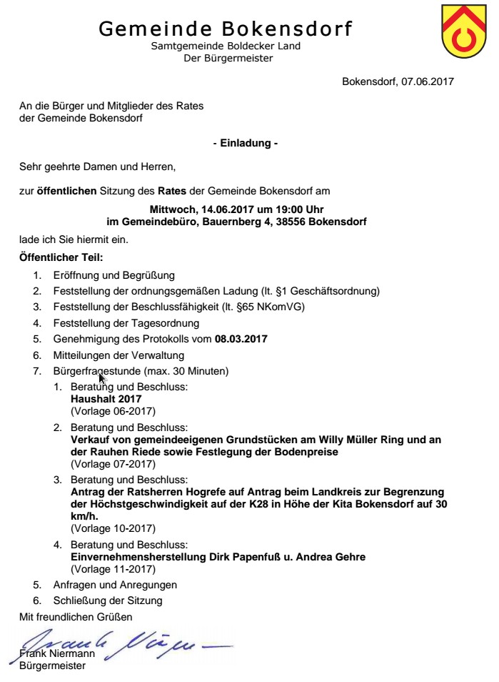 Einladung Ratssitzung 14.06.2017 Bokensdorf