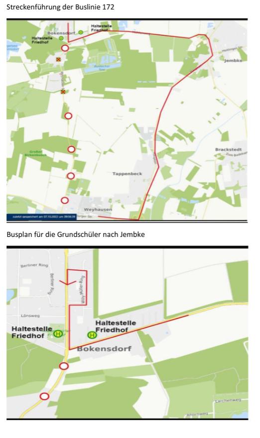 Streckenführung der Buslinie 172 und der Busplan für die Grundschüler nach Jembke