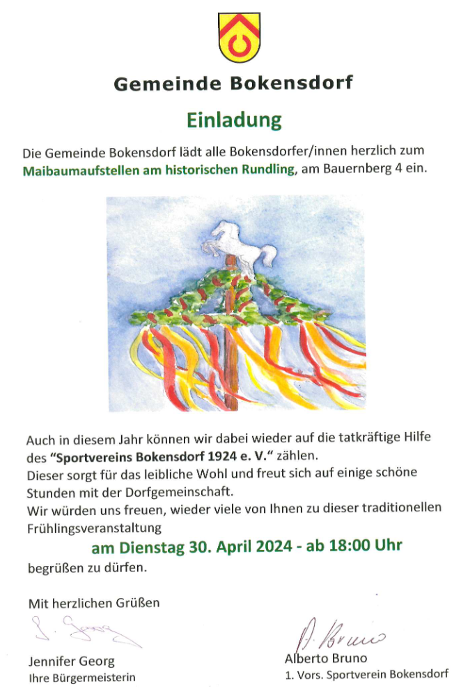 Einladung zum Maibaum aufstellen in Bokensdorf am 30. April in Bokensdorf am Rundling
